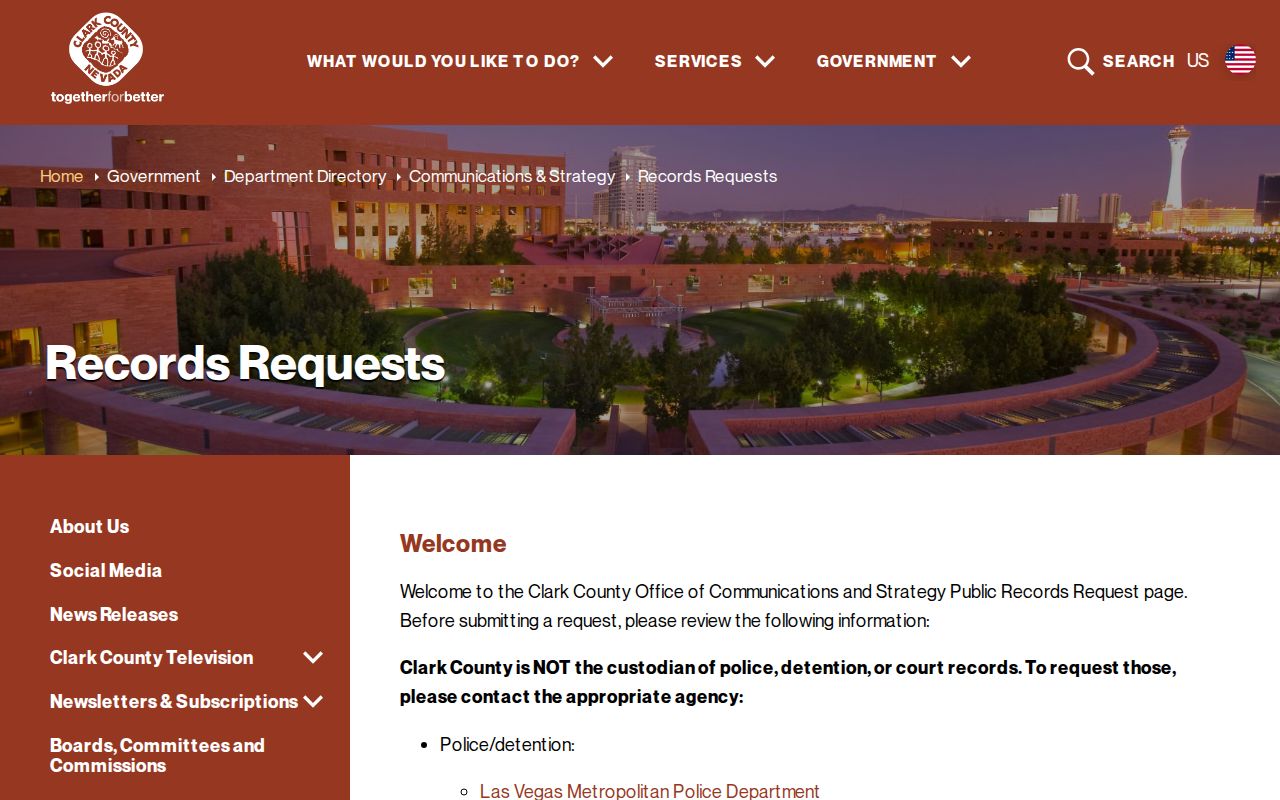 Clark County criminal records request routing page
